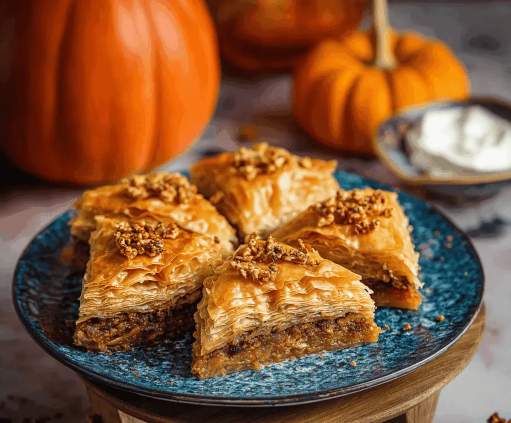 Delicious homemade pumpkin baklava with flaky phyllo dough, chopped walnuts, and a sweet pumpkin-spiced syrup, perfect for fall desserts.