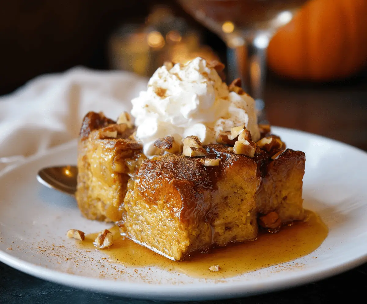 Delicious homemade pumpkin bread pudding topped with whipped cream and cinnamon, perfect for fall dessert