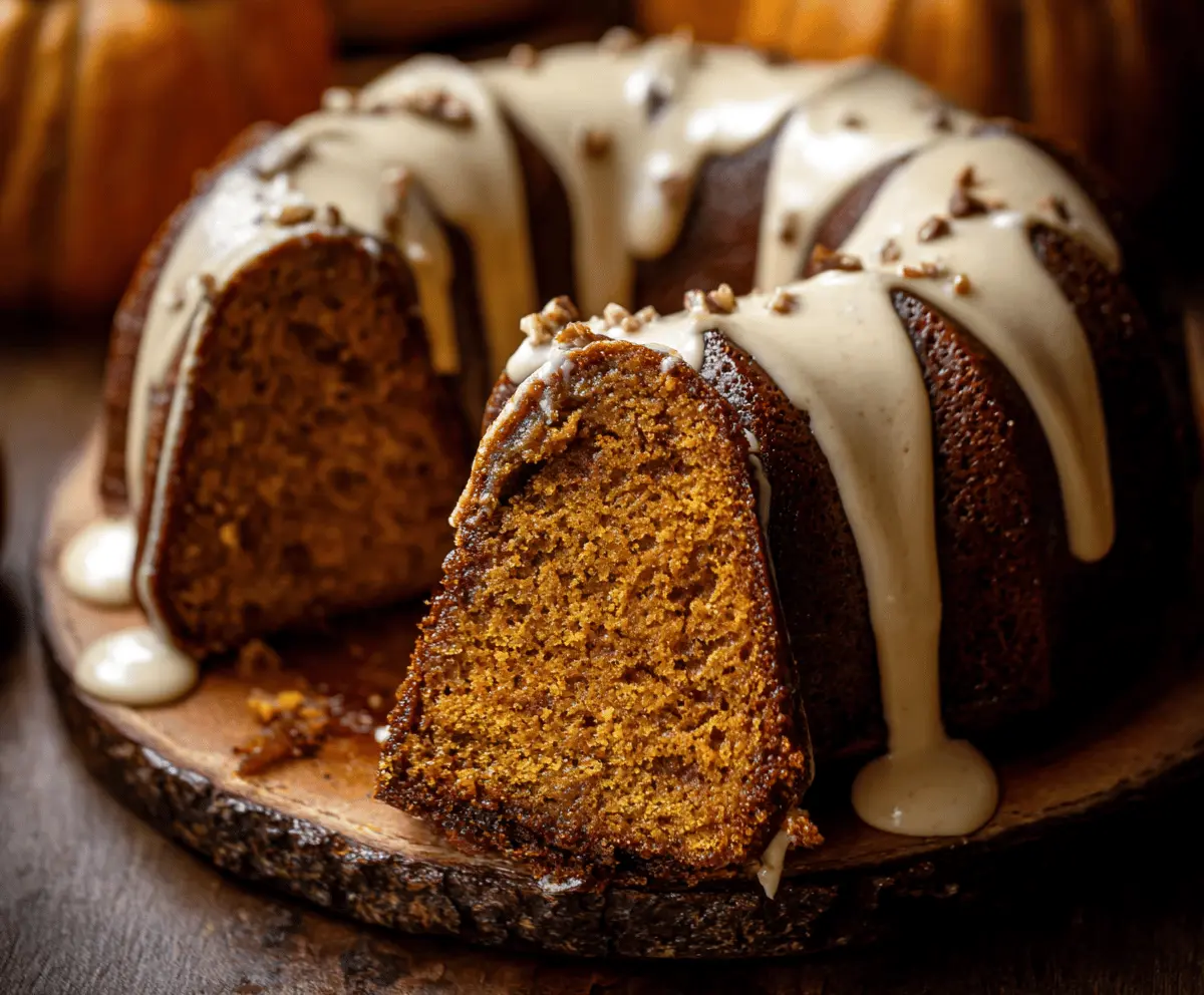 Delicious homemade Pumpkin Bundt Cake topped with powdered sugar and autumn spices, perfect for fall desserts.