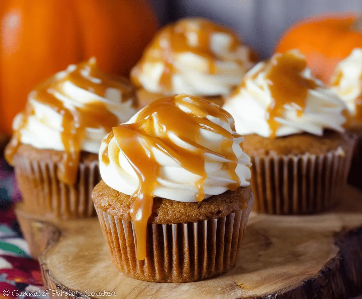 Delicious Pumpkin Caramel Cupcakes topped with whipped cream and caramel drizzle, perfect for fall desserts.