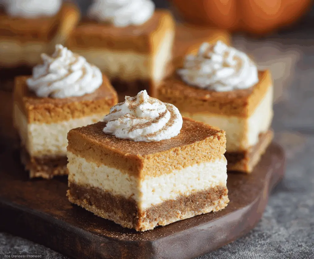 Delicious pumpkin cheesecake bars topped with whipped cream and cinnamon, perfect for fall desserts