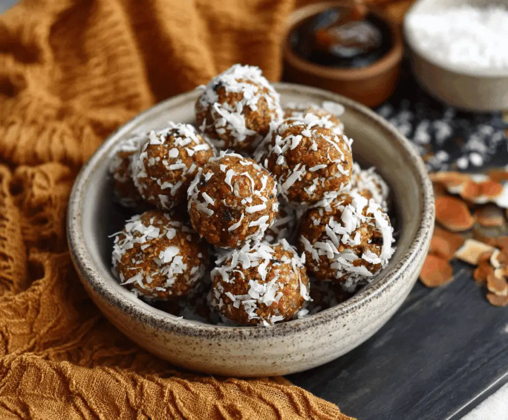 Healthy pumpkin coconut energy balls on a wooden surface, perfect for a nutritious snack or energy boost.
