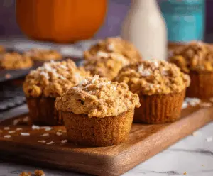 Freshly baked pumpkin coconut muffins with golden tops, showcasing a moist, spiced pumpkin batter mixed with shredded coconut on a rustic baking tray.