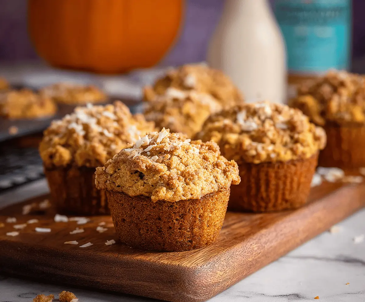 Freshly baked pumpkin coconut muffins with golden tops, showcasing a moist, spiced pumpkin batter mixed with shredded coconut on a rustic baking tray.