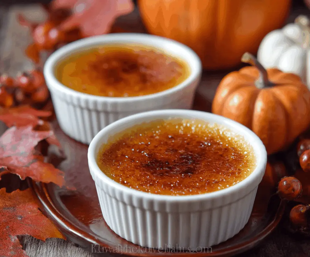 Creamy pumpkin crème brûlée topped with caramelized sugar and garnished with a cinnamon stick, perfect for fall desserts.