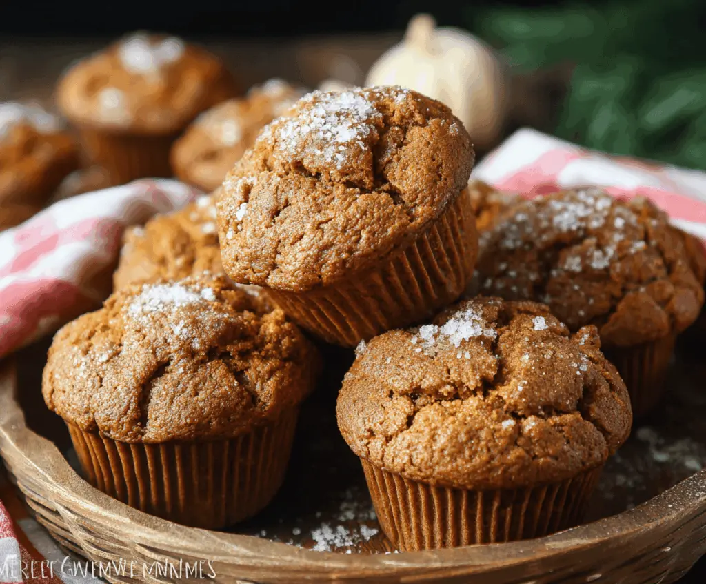 Delicious homemade pumpkin gingerbread muffins topped with cinnamon and nuts, perfect for fall baking.