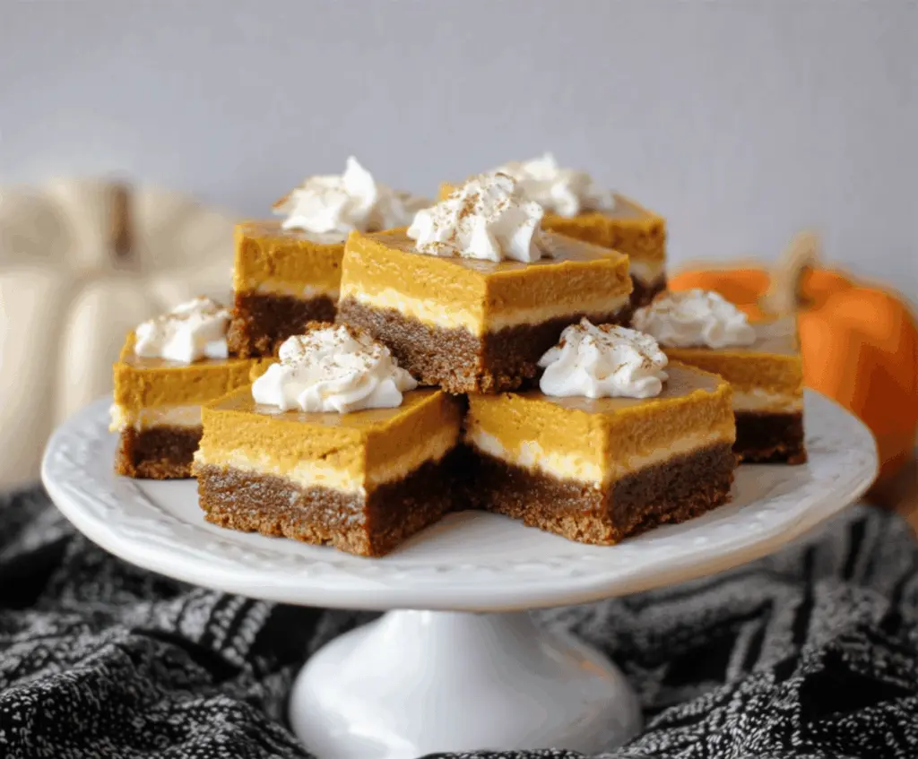 Delicious Pumpkin Gingersnap Cheesecake Bars topped with whipped cream and gingersnap cookies on a rustic serving plate