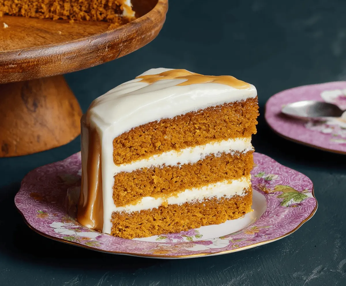 Delicious homemade pumpkin layer cake with cream cheese frosting and festive fall decorations on top