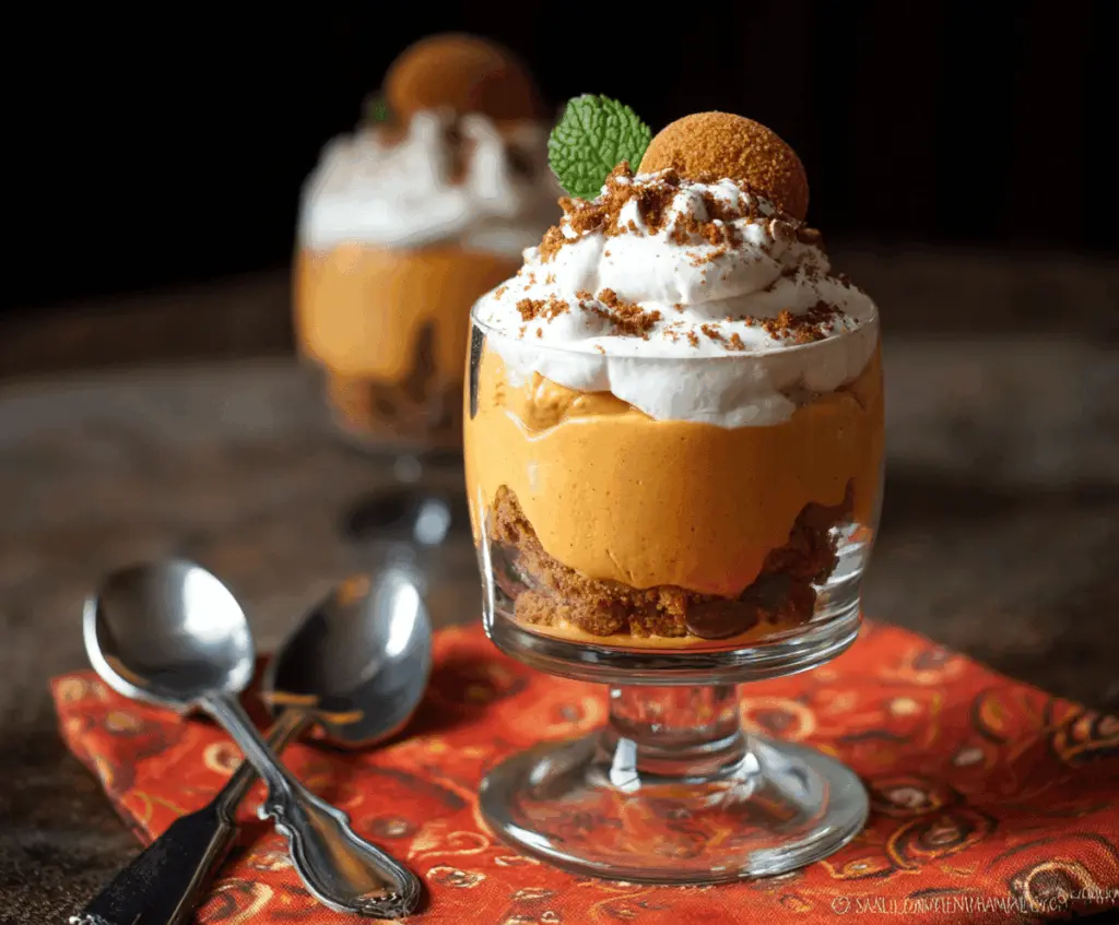 Creamy pumpkin mousse parfait layered in a glass with whipped cream and a cinnamon garnish, perfect for fall desserts.