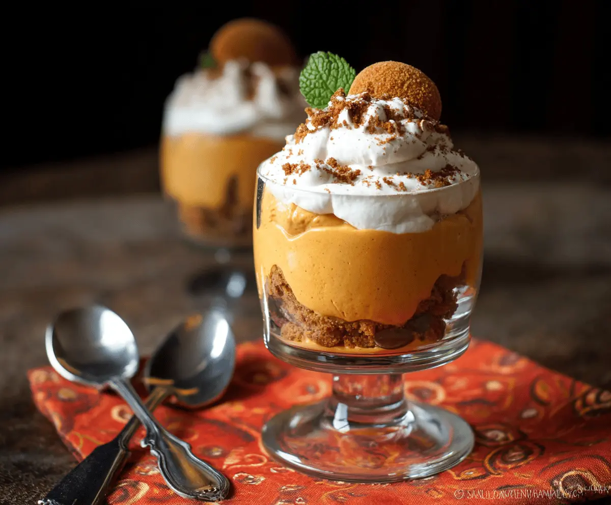Creamy pumpkin mousse parfait layered in a glass with whipped cream and a cinnamon garnish, perfect for fall desserts.