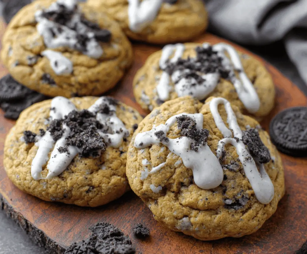 Delicious Pumpkin Oreo White Chocolate Cookies on a plate, featuring a festive fall flavor combination with pumpkin, Oreo cookies, and melted white chocolate