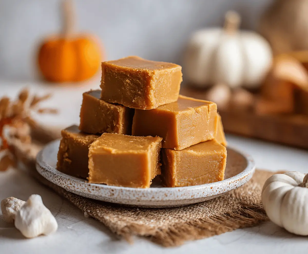 Delicious homemade pumpkin peanut butter fudge topped with chopped nuts and a drizzle of chocolate, perfect for fall desserts.