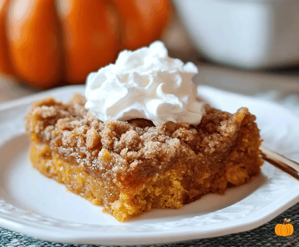 Delicious homemade Pumpkin Pie Dump Cake topped with whipped cream, featuring a warm, spiced pumpkin filling and a golden crumble topping perfect for fall desserts.