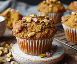 Delicious Pumpkin Pistachio Muffins topped with chopped pistachios and a sprinkle of cinnamon on a rustic baking tray, perfect for fall breakfast or snack.
