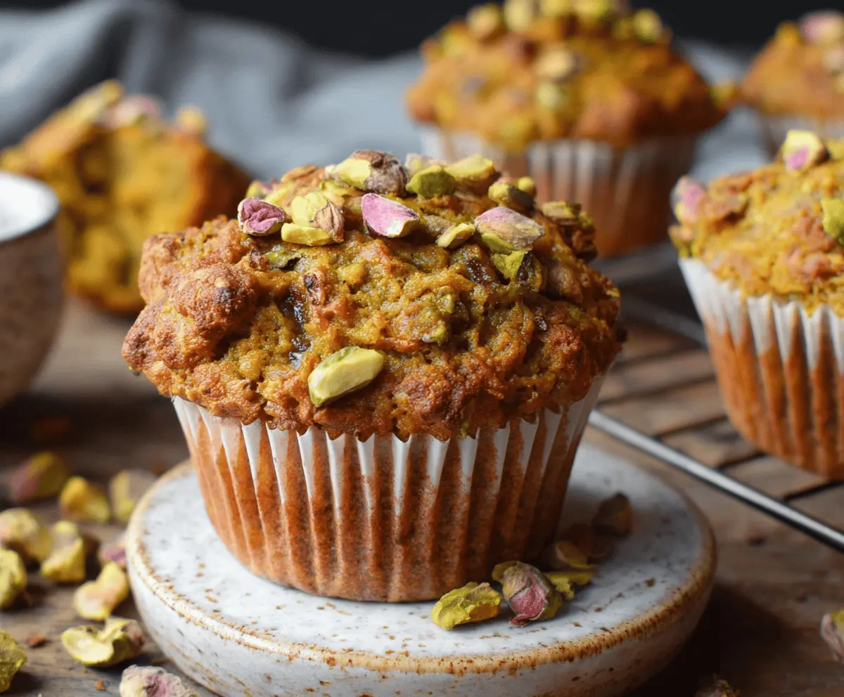Delicious Pumpkin Pistachio Muffins topped with chopped pistachios and a sprinkle of cinnamon on a rustic baking tray, perfect for fall breakfast or snack.