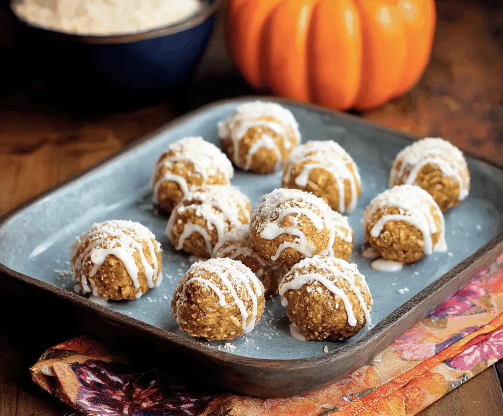 Delicious pumpkin protein snowball bites with coconut and chocolate coating on a white plate, healthy snack idea, high-protein vegan treat