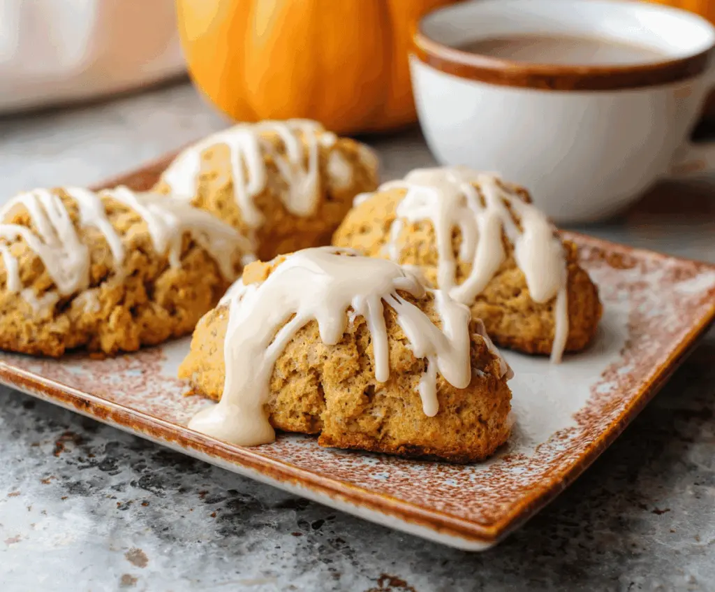 Delicious pumpkin scones topped with creamy maple icing on a rustic plate, perfect for fall breakfast or snack.