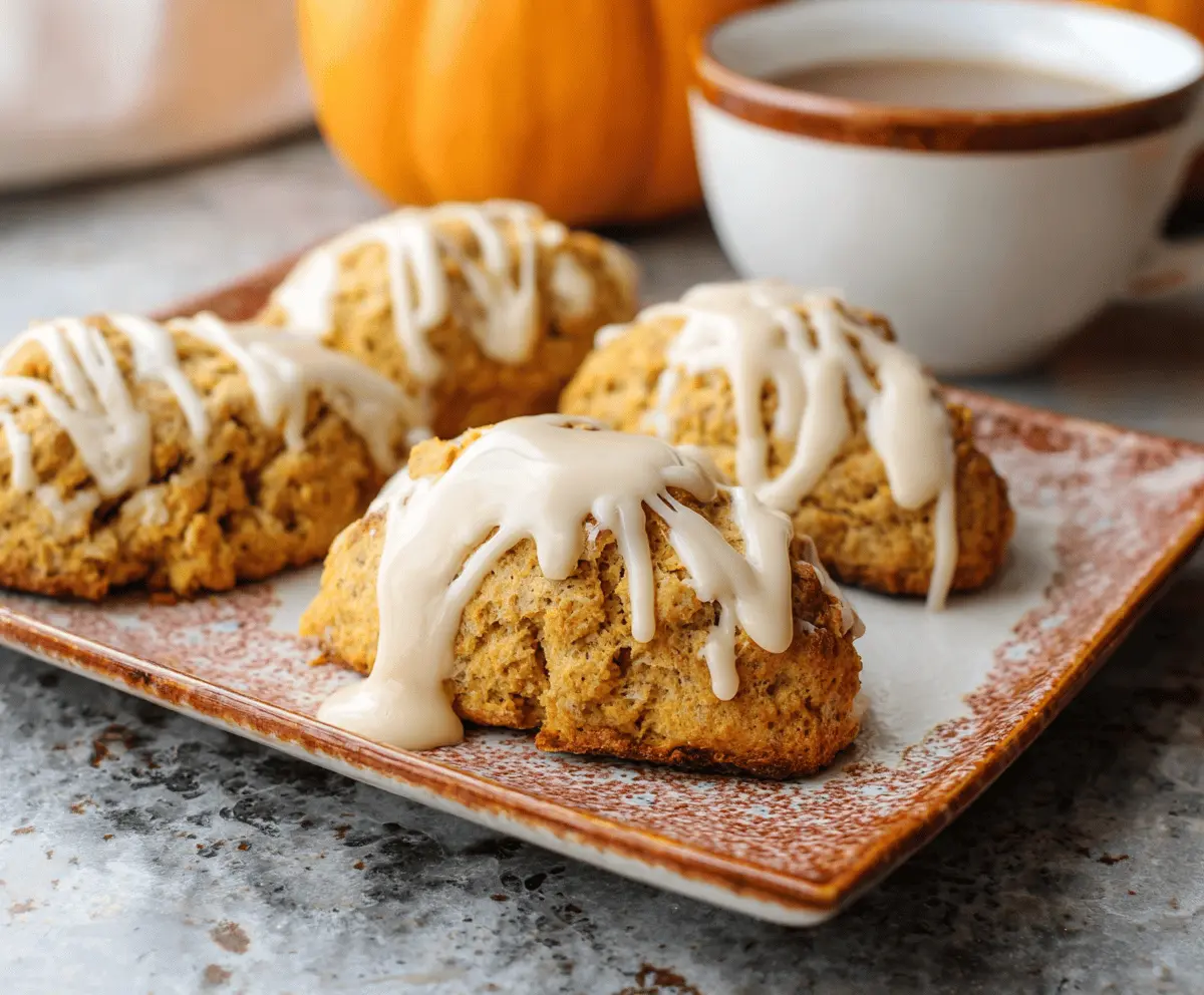 Delicious pumpkin scones topped with creamy maple icing on a rustic plate, perfect for fall breakfast or snack.