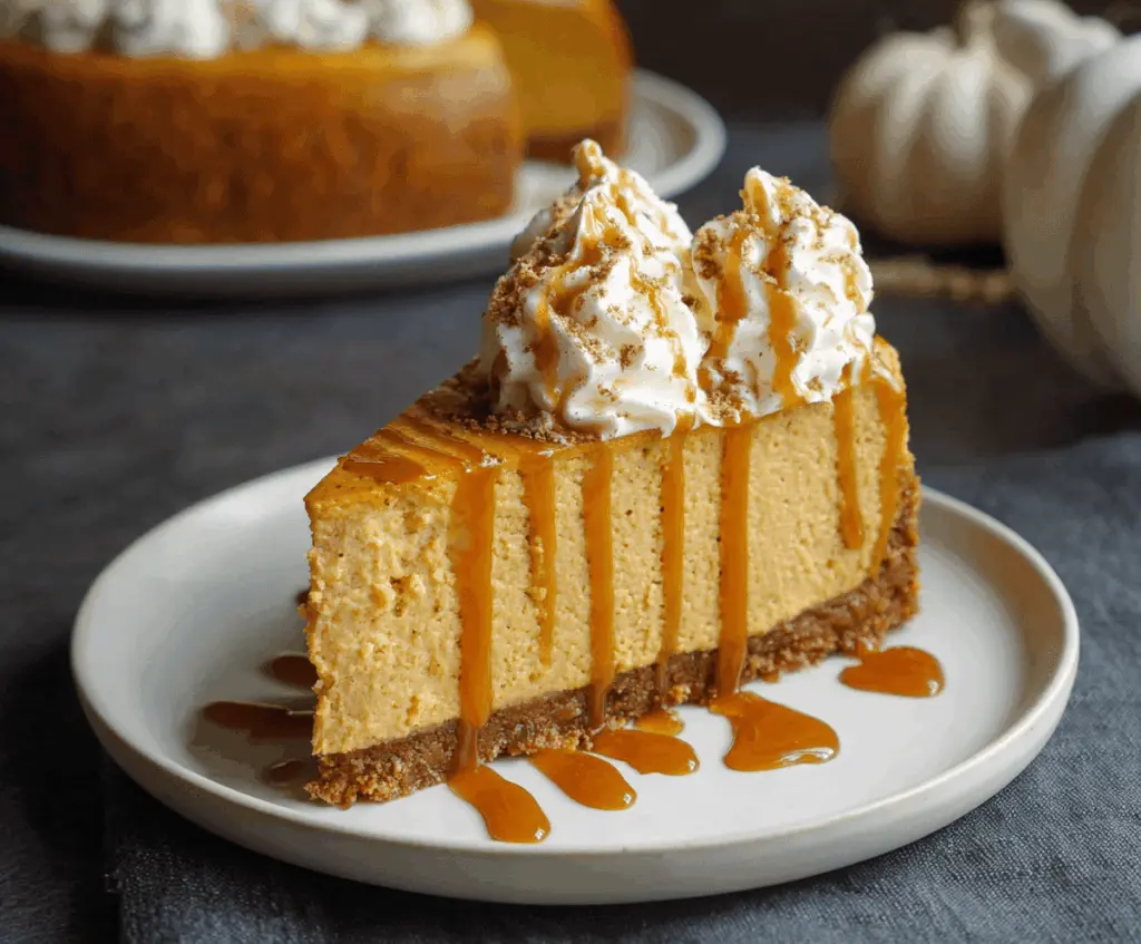 Creamy pumpkin spice cheesecake topped with whipped cream and cinnamon, perfect for fall desserts.