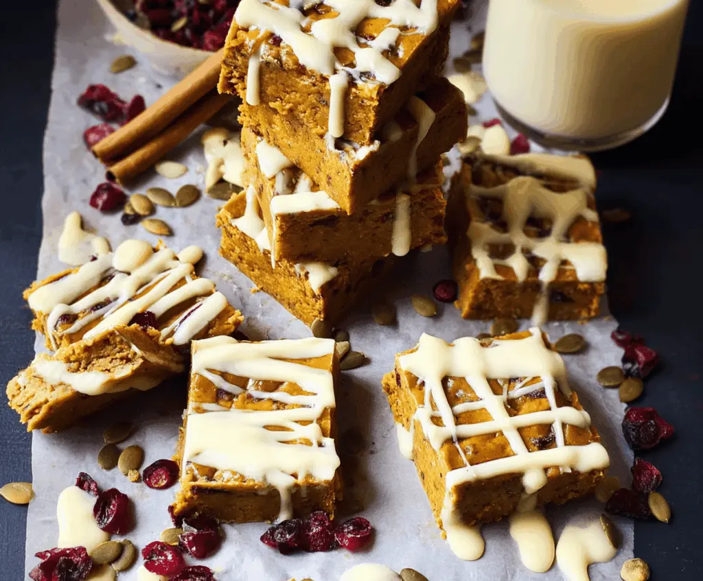 Delicious homemade Pumpkin Spiced Bars topped with white chocolate and a sprinkle of cinnamon, perfect for fall dessert.