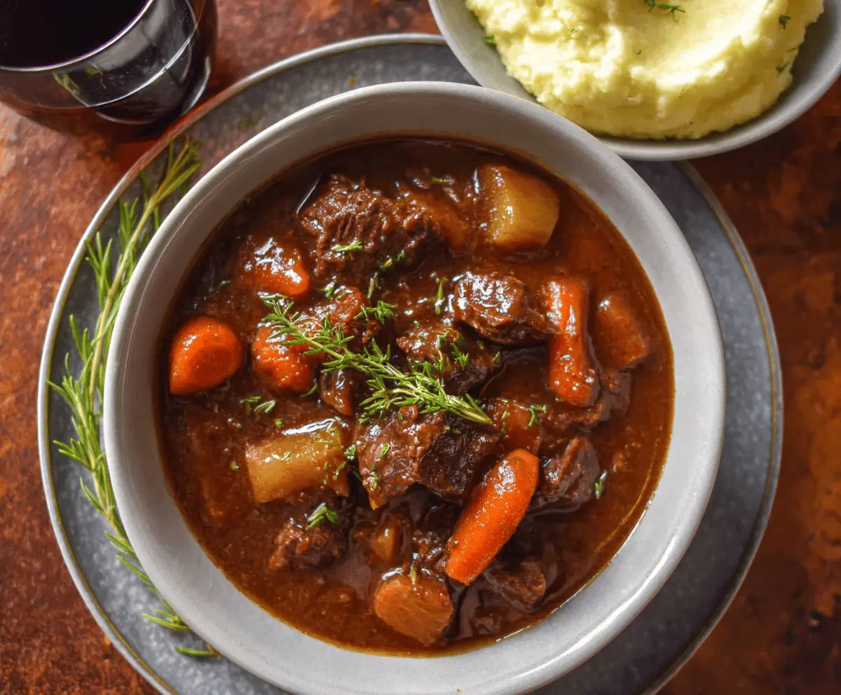 Savory Red Wine Beef Stew with tender beef chunks, carrots, potatoes, and herbs in a rich, hearty sauce