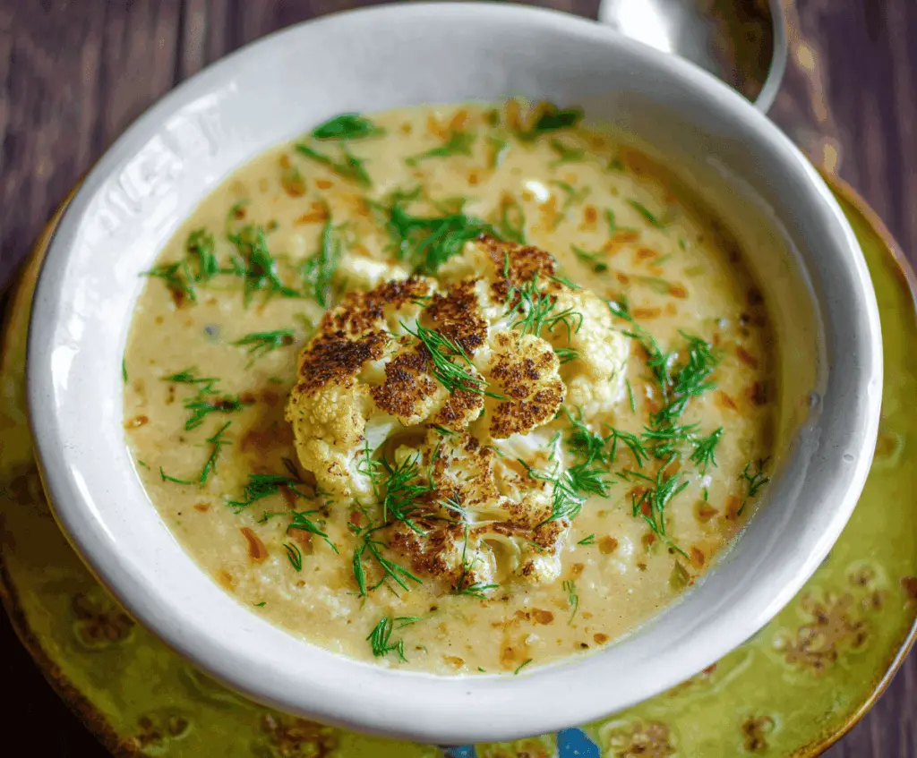 Creamy roasted cauliflower soup garnished with fresh herbs in a white bowl on a rustic wooden table.