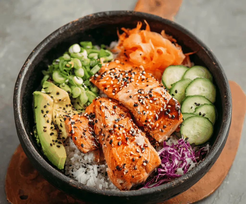 Delicious salmon and rice bowl topped with fresh vegetables and herbs, served in a white bowl for a healthy, flavorful meal.