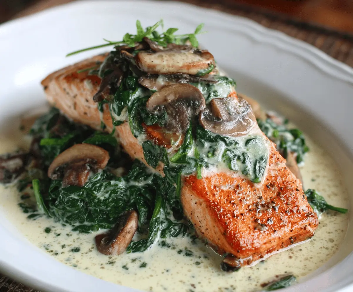 Delicious Salmon Florentine topped with fresh spinach and sautéed mushrooms, served on a plate, perfect for a healthy and flavorful dinner.