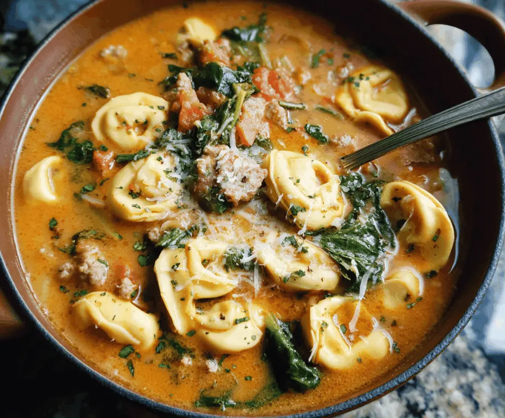 A bowl of savory sausage tortellini soup with diced tomatoes, spinach, and melted cheese, served hot in a white bowl on a rustic wooden table.