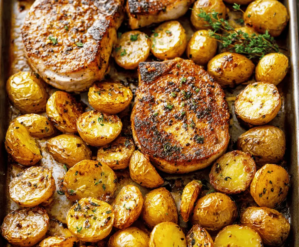 Delicious sheet pan pork chops with roasted potatoes, fresh herbs, and vegetables for an easy, flavorful dinner