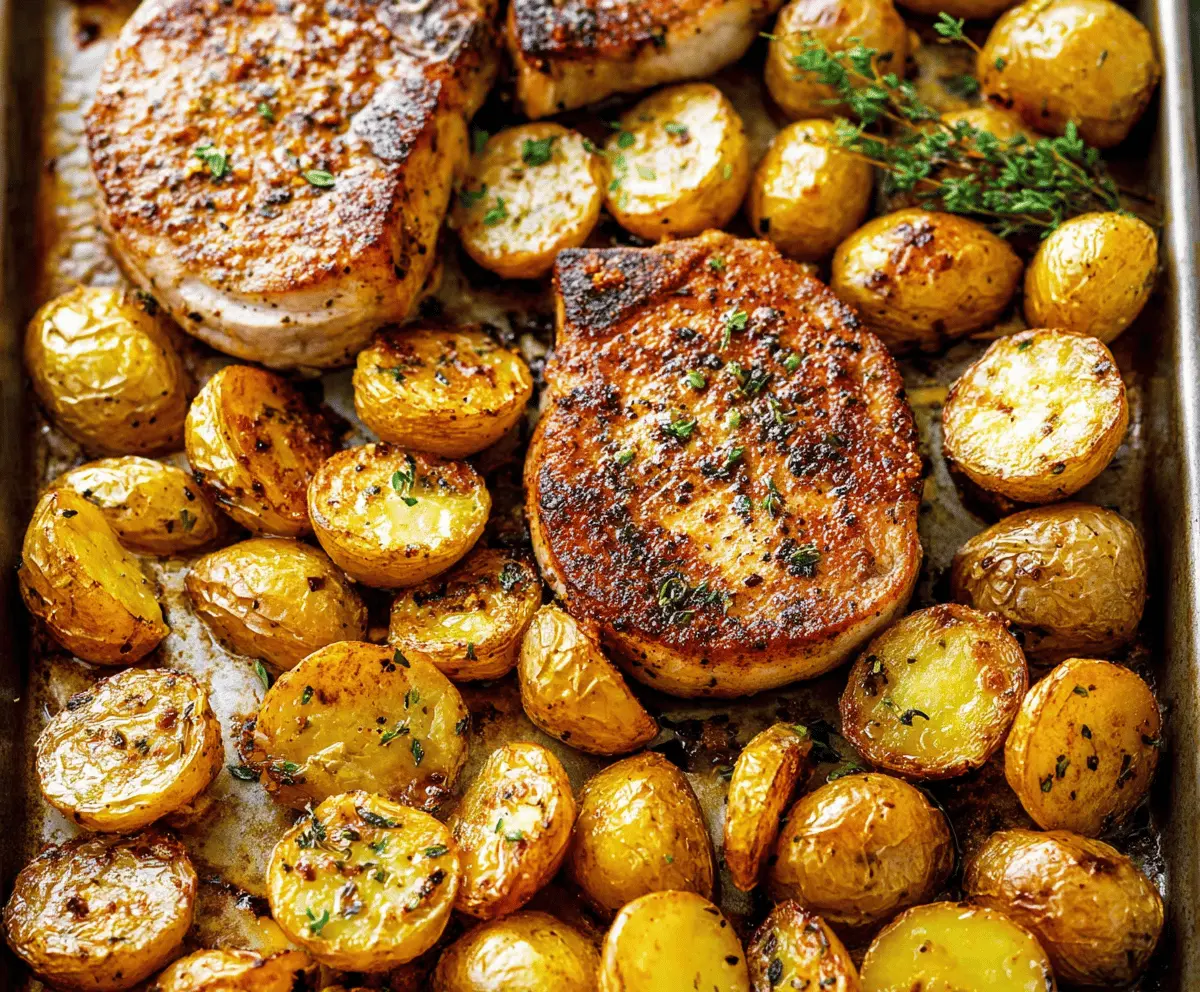 Delicious sheet pan pork chops with roasted potatoes, fresh herbs, and vegetables for an easy, flavorful dinner