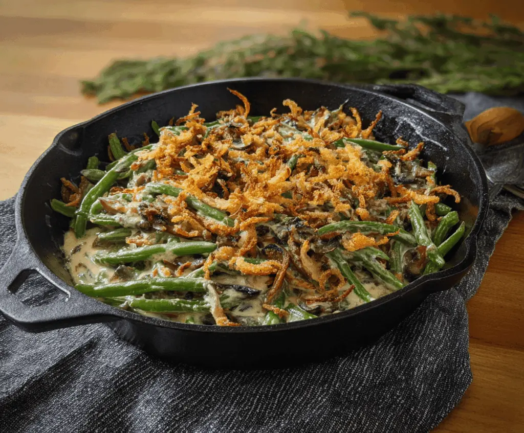 Delicious skillet green bean casserole topped with crispy fried onions, perfect for holiday dinners.
