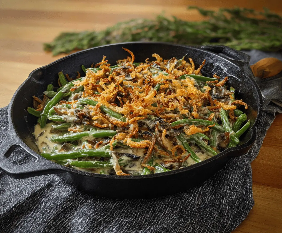 Delicious skillet green bean casserole topped with crispy fried onions, perfect for holiday dinners.