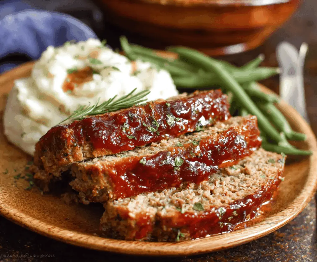 Delicious homemade slow cooker meatloaf garnished with fresh herbs served on a plate with vegetables