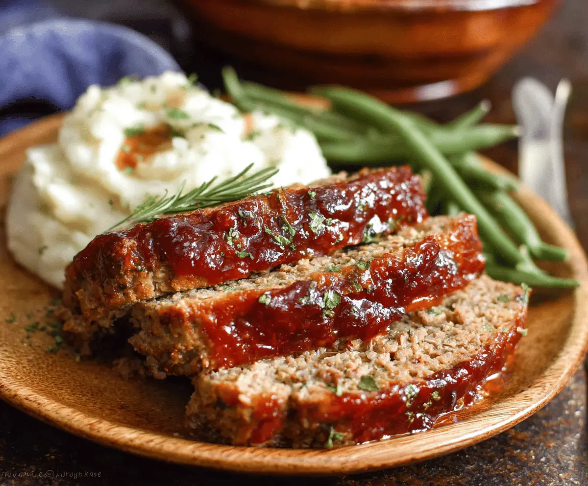 Delicious homemade slow cooker meatloaf garnished with fresh herbs served on a plate with vegetables