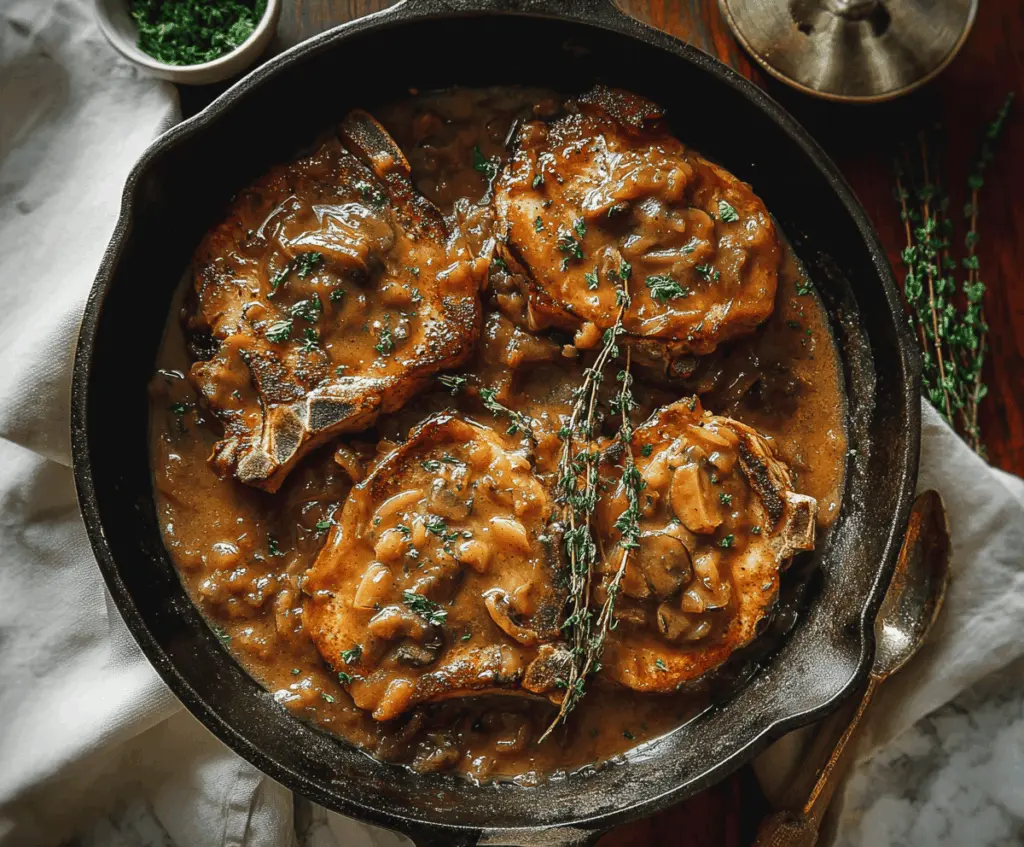 Juicy smothered pork chops topped with gravy and served with mashed potatoes and vegetables on a plate.