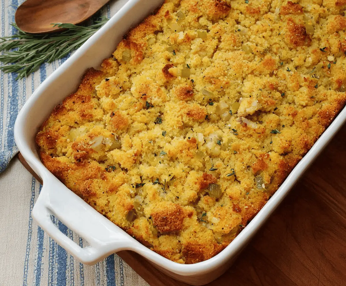 Delicious Southern Cornbread Dressing with herbs and vegetables, perfect for holiday meals.