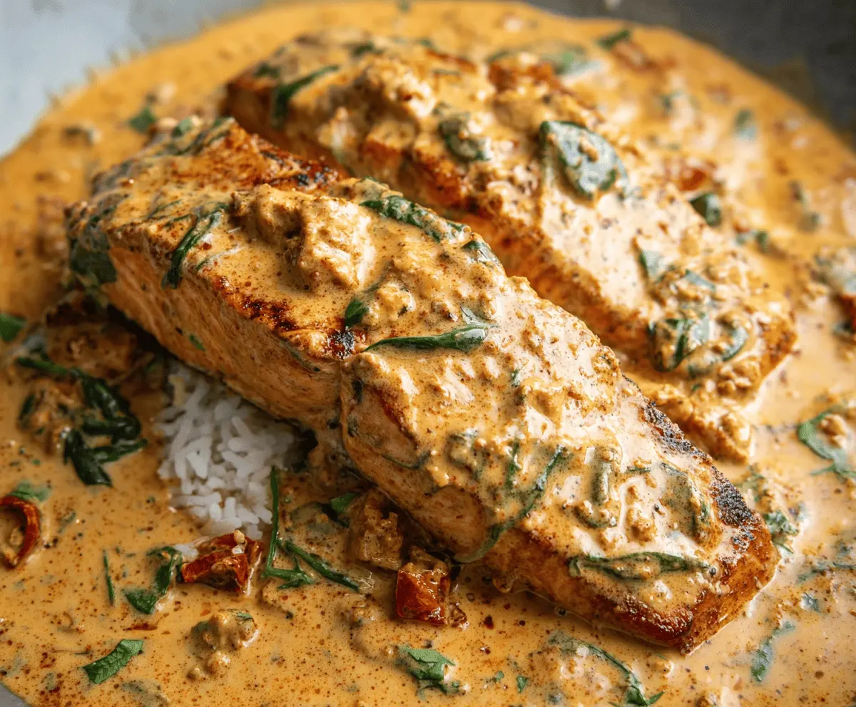 Creamy Cajun Salmon topped with spicy seasoning and fresh herbs, served with lemon wedges on a plate.