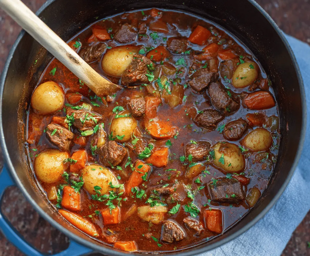 Hearty stovetop beef stew with tender beef chunks, vegetables, and rich broth served in a rustic bowl.