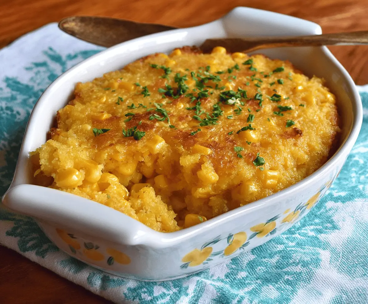 Creamy sweet corn casserole topped with golden-brown cheese and fresh herbs, served in a baking dish—perfect for a comforting side dish or holiday feast.