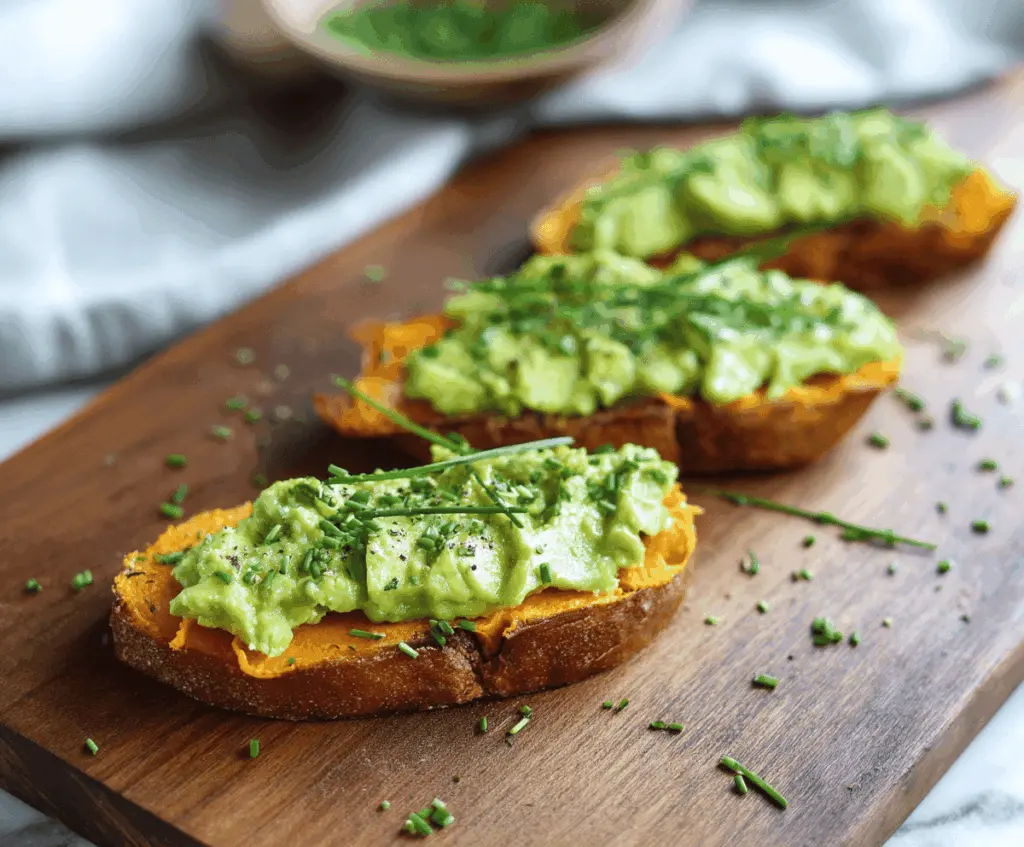 Delicious sweet potato avocado toast topped with fresh herbs and microgreens on a rustic wooden plate