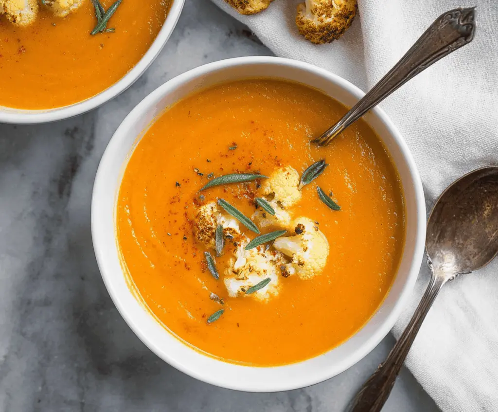 Creamy sweet potato and cauliflower soup garnished with fresh herbs in a bowl, perfect for a warm, healthy meal.