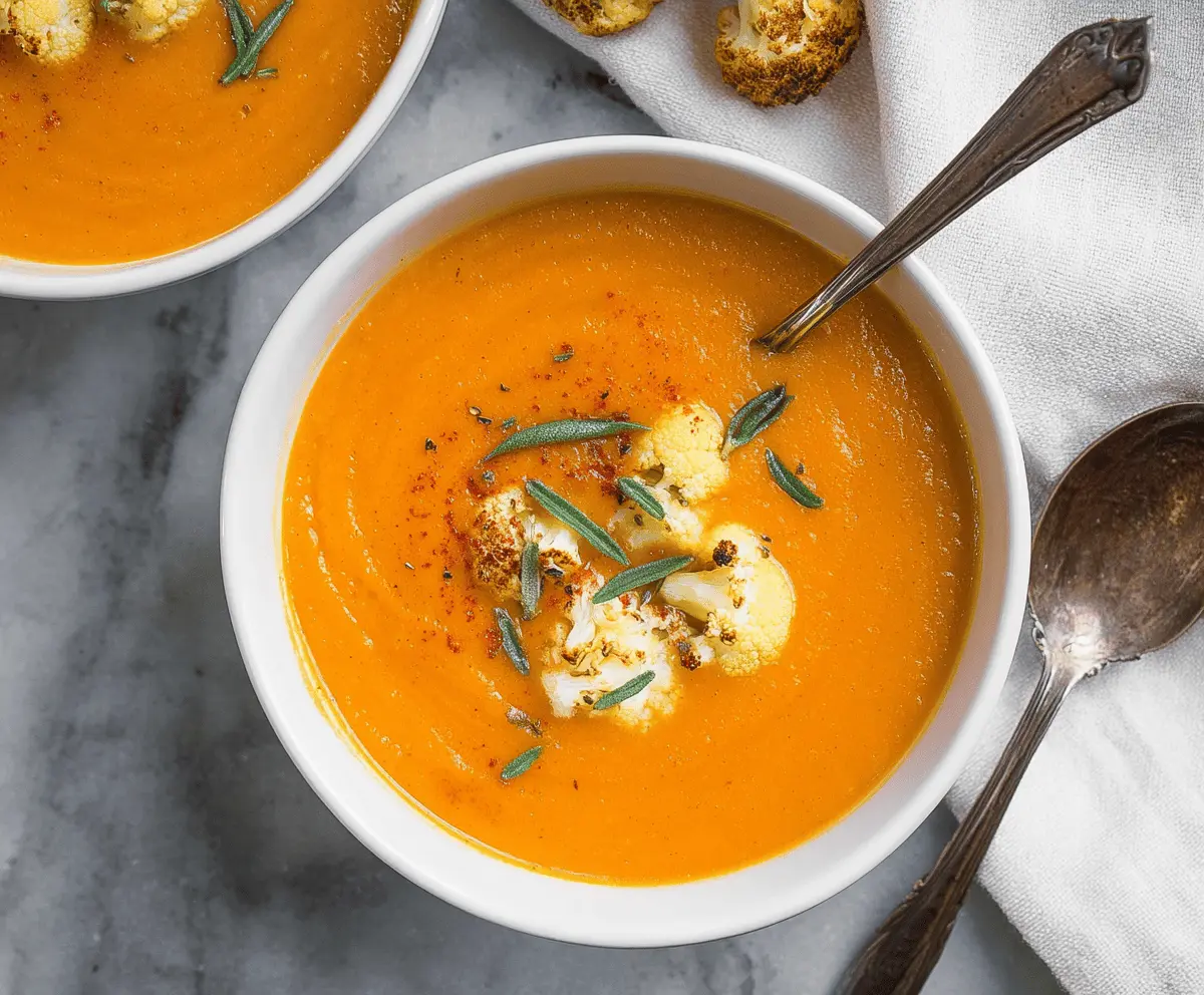 Creamy sweet potato and cauliflower soup garnished with fresh herbs in a bowl, perfect for a warm, healthy meal.
