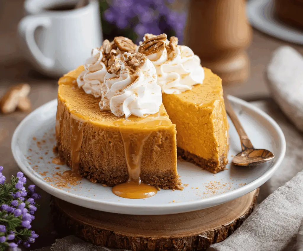 Creamy sweet potato cheesecake topped with whipped cream and caramel drizzle, served on a decorative plate