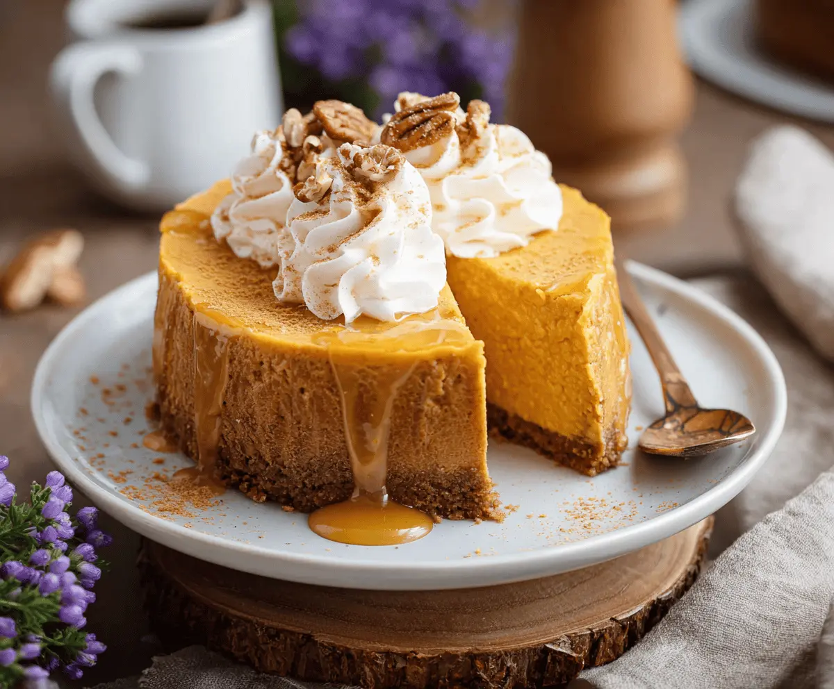 Creamy sweet potato cheesecake topped with whipped cream and caramel drizzle, served on a decorative plate