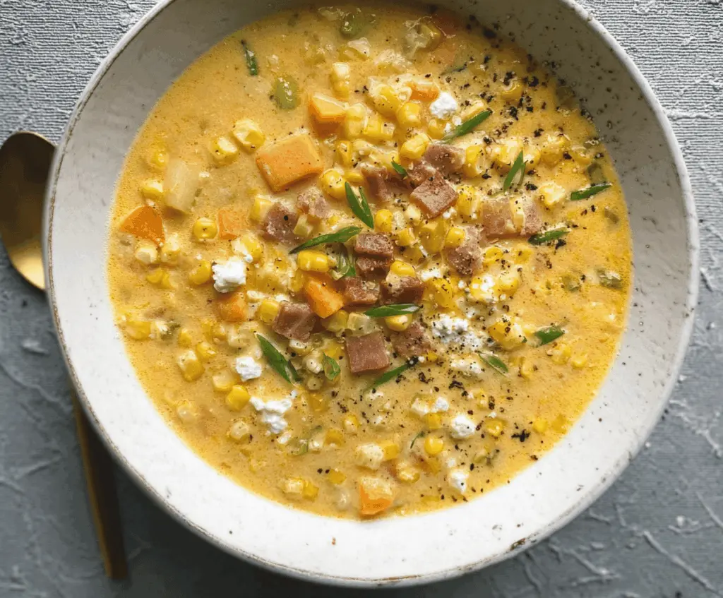Creamy sweet potato and corn chowder in a bowl topped with fresh herbs, perfect for a comforting meal