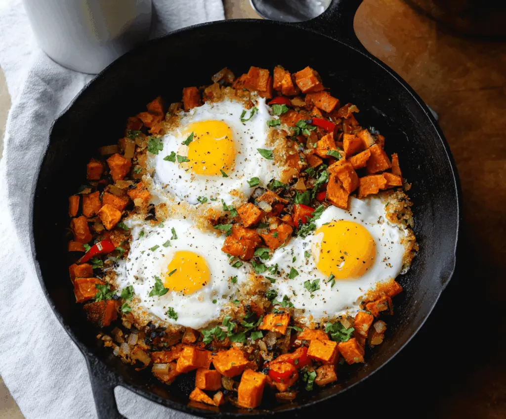 Delicious sweet potato hash with scrambled eggs garnished with fresh herbs, served on a plate for breakfast or brunch.