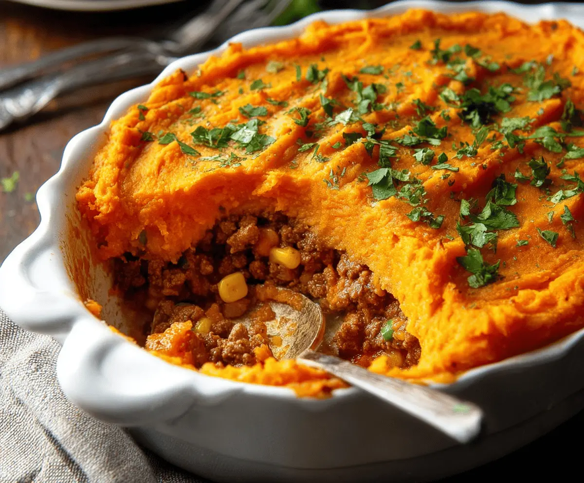 Delicious homemade Sweet Potato Shepherd’s Pie topped with mashed sweet potatoes and fresh herbs, served in a rustic baking dish.
