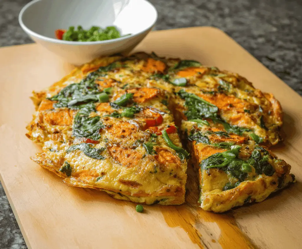 Delicious sweet potato and spinach omelette garnished with herbs on a plate, perfect for a healthy breakfast.