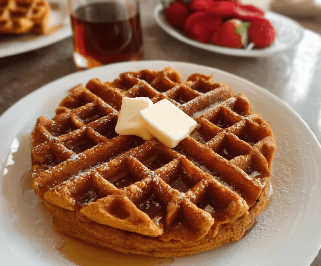 Delicious homemade sweet potato waffles topped with syrup and fresh berries, served on a plate for breakfast or brunch.
